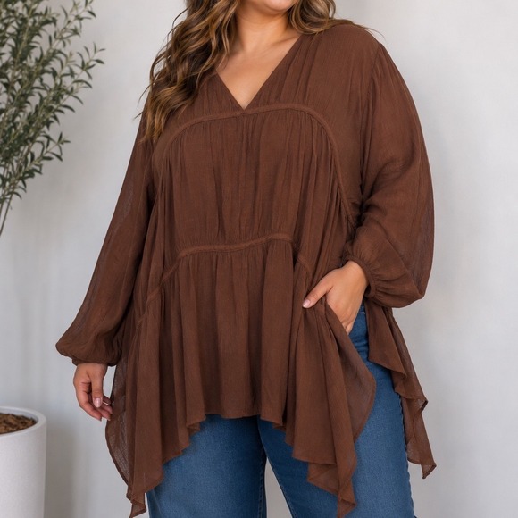 Cato Tops - Women's Boho Babydoll Tunic Top Plus 22/24W Brown Gauze Peasant Cottagecore